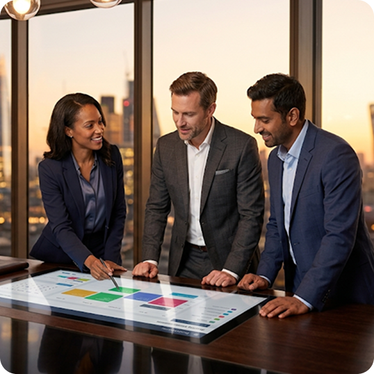 Professionals reviewing firm analytics in an office